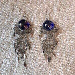 Blue Glass Bead and Silver Fringe Earrings